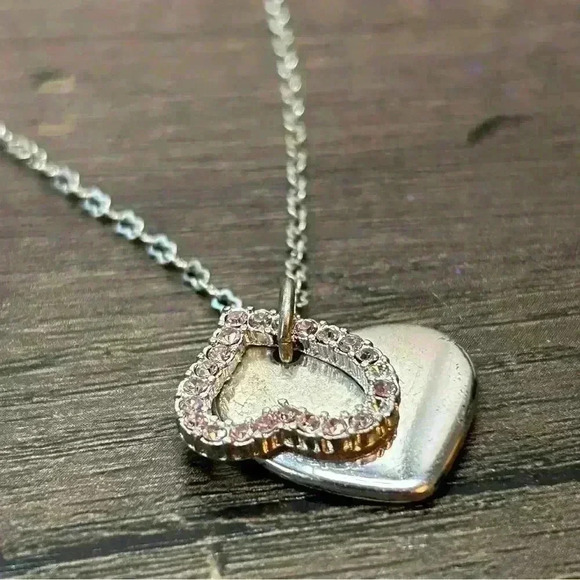 Vintage Silver Tone and Pink Gems Two Heart Pendants Necklace - Picture 3 of 4